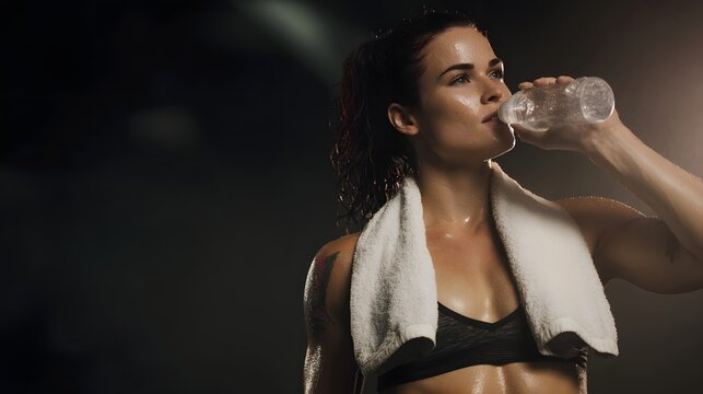 Female athlete hydrating during a strenuous gym workout a white towel draped around her neck in focused determination