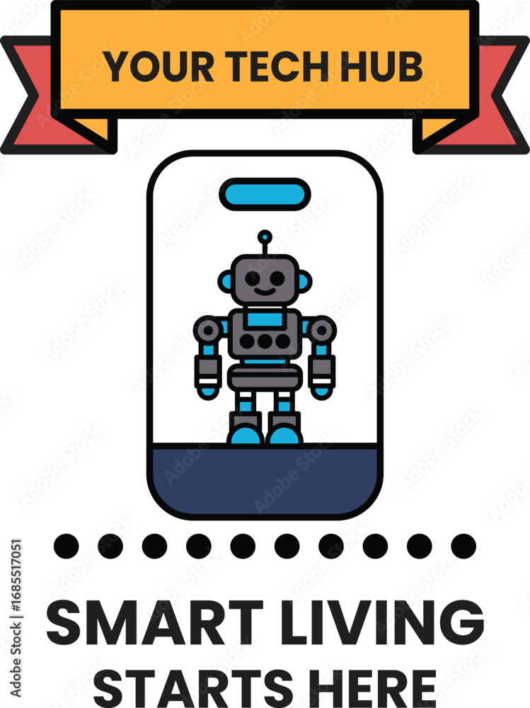 Poster a robot is standing in a glass case with a banner that says 