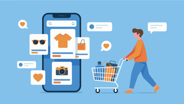 Person pushing shopping cart near mobile phone displaying online store products transparent background