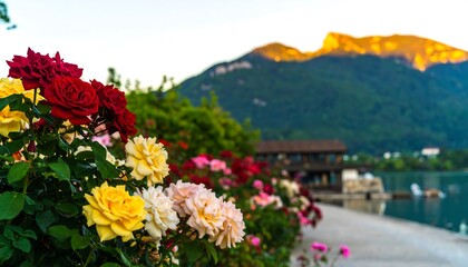 Obraz premium Colorful roses by a lake at sunset