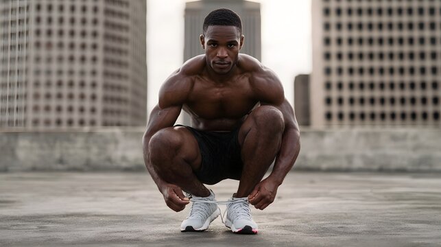 A muscular man crouches on an urban rooftop tying his running shoes with a focused expression preparing for a rigorous workout - Powered by Adobe