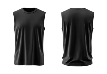 Front and back view of a plain black sleeveless athletic top.  The top appears to be made of a smooth, slightly textured fabric.  A simple crew neckline is visible