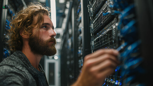 Tech Specialist Inspecting Server Rack.