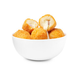 Delicious fried croquettes in bowl isolated on white
