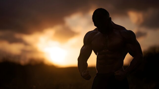 Muscular man in silhouette flexing outdoors against a vibrant golden hour sky showcasing strength and powerful physique - Powered by Adobe