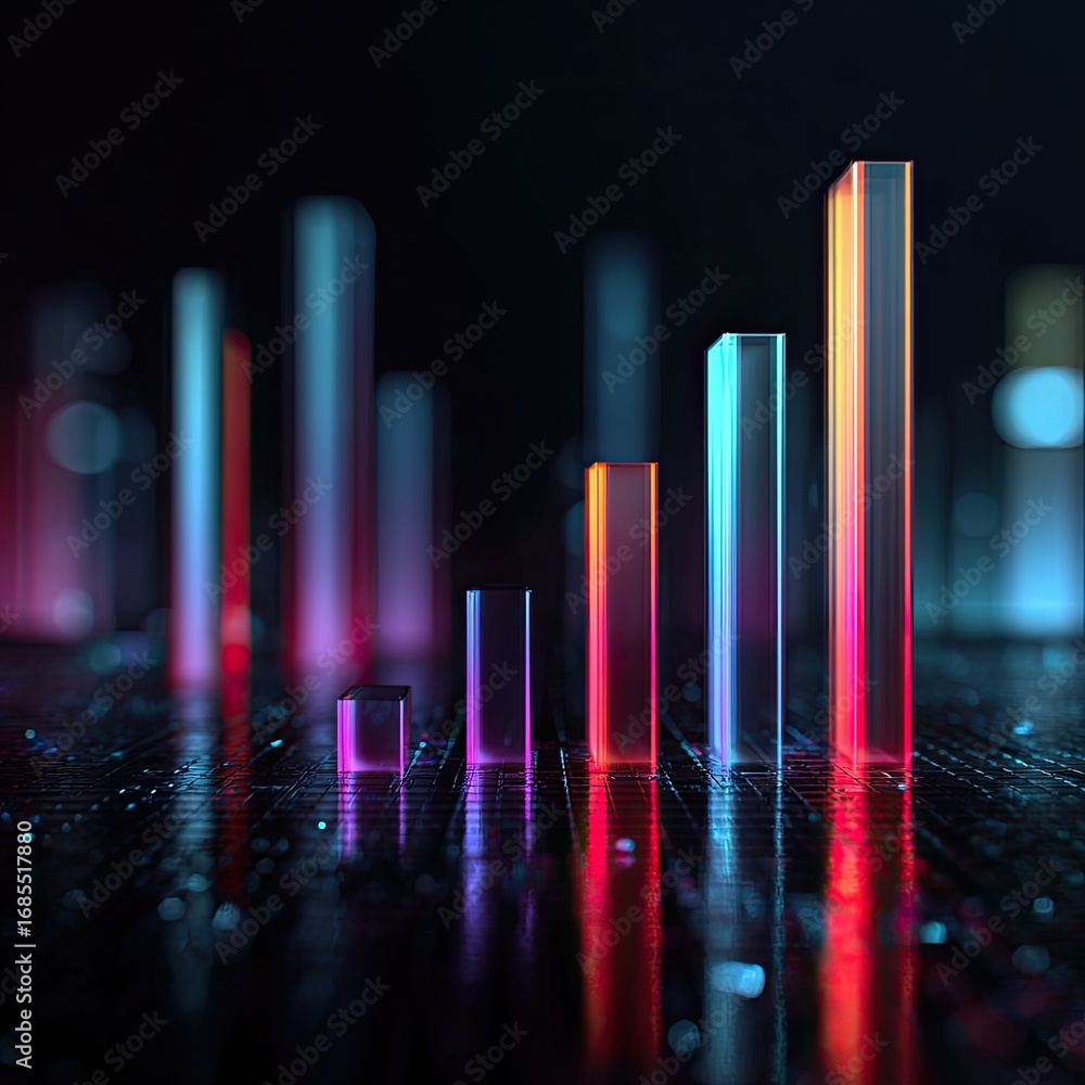 Poster luminous bar graph on a grid with vibrant gradient columns and bokeh lights against a dark backgroun