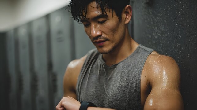 Sweaty Asian man in a gym locker room checking his smartwatch after an intense workout reflecting dedication and modern fitness - Powered by Adobe
