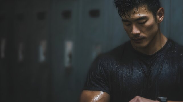 Sweaty man checks smartwatch in a dim locker room after an intense workout reflecting dedication and modern fitness technology - Powered by Adobe