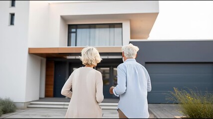 Happy couple celebrates home purchase milestone in modern neighborhood