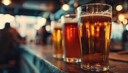 Three glasses of beer on a bar counter