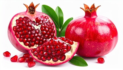 Juicy pomegranate cut open with shiny red seeds vibrant organic fruit healthy antioxidant rich food isolated on white background
