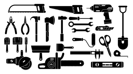 Repair tools. Black silhouette building tool. Basic construction working tool elements for setting service. Screwdriver, hammer, drill, saw, pliers signs. Vector set icons