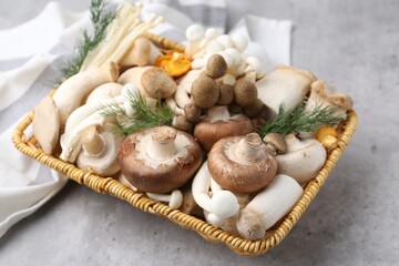 Different raw mushrooms and dill in wicker basket on grey textured table, closeup