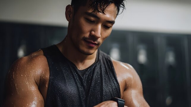 A sweaty man in a tank top checks his smartwatch monitoring his workout performance after an intense gym session - Powered by Adobe