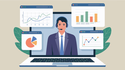 Online business analytics presentation with professional operator and data charts on laptop screen transparent background