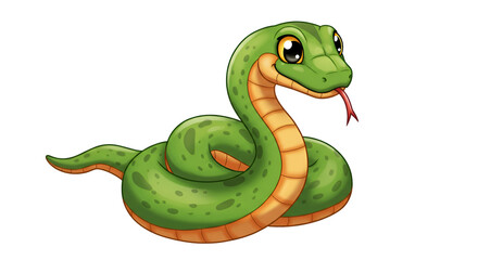 Friendly Green Serpent: A charming cartoon illustration of a vibrant green snake, with big eyes and a playful, inviting posture.
