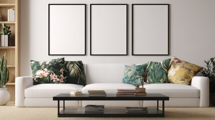 Modern White Sofa with Colorful Tropical Pattern Cushions in Contemporary Living Room