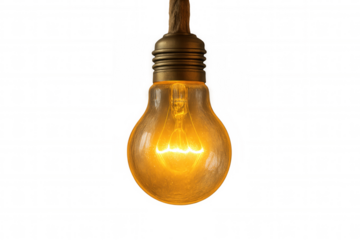 Vintage glowing lightbulb suspended from rope, radiating warm ambient illumination against transparent backdrop