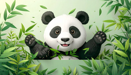 Obraz premium Cute panda mascot surrounded by green bamboo leaves, cheerful expression, eco friendly concept, playful animal illustration, nature inspired branding design