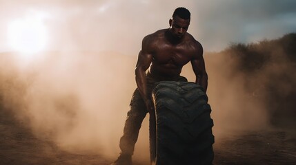 Powerful muscular athlete performs an intense tire lifting workout in a dusty outdoor environment under a bright hazy sky showcasing extreme strength