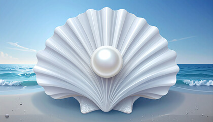 Seashell pearl ocean beach sand sky wave summer nature marine. radiant white seashell with lustrous pearl at its center rests on sandy beach ocean waves and blue sky in background evoking calm