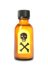 Bottle of poison with warning sign isolated on white