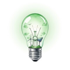A light bulb illustration featuring green energy elements like wind turbines and solar panels, symbolizing sustainability and environmental awareness.