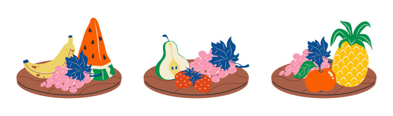 Wooden plates with a variety of juicy fruits: bananas, watermelon, grapes, pears, strawberries, apples, and pineapples. Summer healthy, fresh food. Bright vector illustration. Isolated.