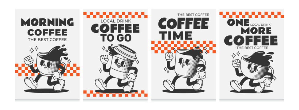 Coffee character. Retro coffee shop poster. Vintage walking drink mascot with text. Cafe menu with coffee cup, espresso mug, cappuccino, latte. Groovy comic vector set