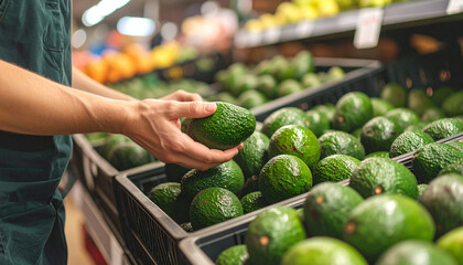 Shopper selecting fresh avocado in grocery store, vibrant green fruit displayed in produce section, healthy food choice, market atmosphere, natural lighting, selective focus