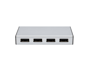 A five-port USB hub, presented in a simple, neutral, and clean white-grey color scheme, sits centered on a black background, showcasing a modern design for connecting multiple devices.