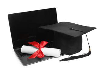 Graduation cap, laptop and diploma isolated on white