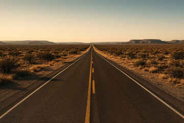Lonely Desert Highway through Texas Landscape at Sunset