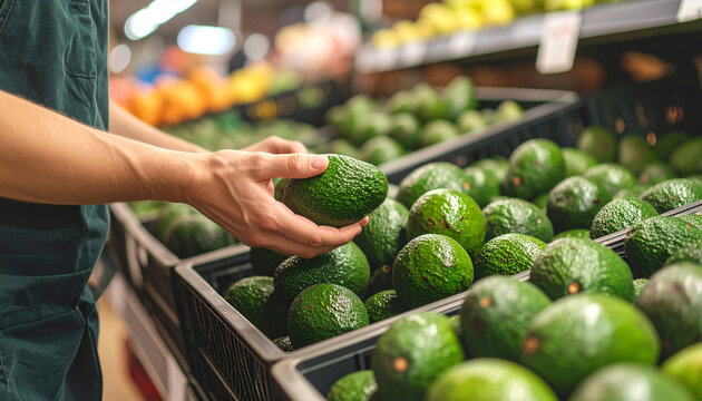 Shopper selecting fresh avocado in grocery store, vibrant green fruit displayed in produce section, healthy food choice, market atmosphere, natural lighting, selective focus