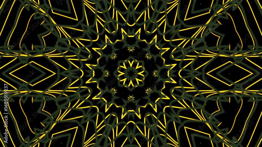 Poster intricate geometric kaleidoscope with golden lines and symmetrical patterns in motion