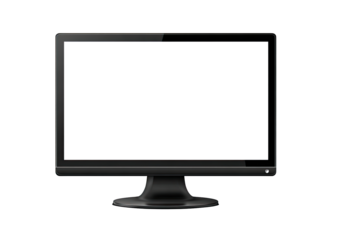 Front view of a black computer monitor with a blank white screen. The monitor is rectangular, with a glossy black bezel and a slightly rounded base. The screen is a uniform white