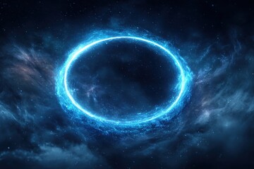 Fototapeta premium Vibrant photo of blue, glowing ring floating in space, emanating an ethereal light and surrounded by swirling nebulae. the background is dark and starry, creating a contrast.