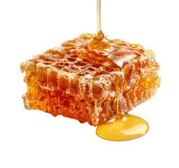 Honeycomb with honey dripping.  A close-up image shows a single piece of honeycomb, amber-colored and textured, with honey pouring down and pooling around it.  The backdrop is pure black