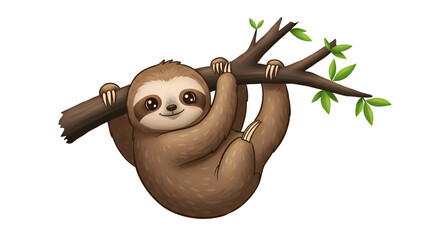 Sloth in a Tree Branch: A cheerful sloth clings leisurely to a sturdy tree branch, embraced by a verdant display of nature's beauty.