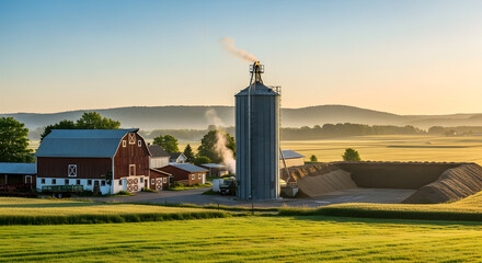 A rural farm scene with a large silo, red barn, and green fields under a clear sky. The silo is used for storing biomass materials.