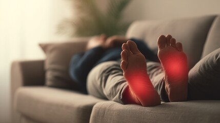 Healthcare concept showing a person experiencing acute or chronic body pain, painful area with a glowing red hotspot, conceptual image for pain, injury, or inflammation. Pain relief and treatment