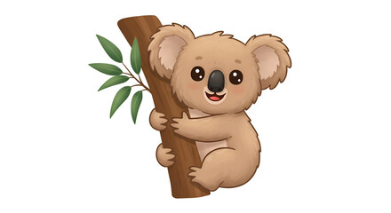 Cute Koala on Tree: A charming cartoon koala clings playfully to a tree branch with an endearing smile, depicting an adorable, friendly wildlife illustration.