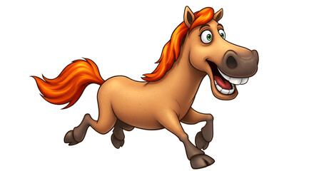 Joyful Animated Horse in Motion: A vibrant animated horse gallops cheerfully, its bright red mane and tail flowing as it sprints with exuberance, inviting viewers into a world of playful energy.