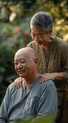Fototapeta premium Couple enjoying a moment together in a garden during golden hour