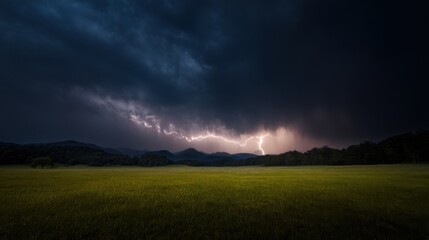 Fototapeta premium A dramatic landscape with a verdant green field under an expansive sky filled with dark ominous clouds and intense light