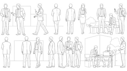 Businesspeople CAD Line Art | Vector Illustration of Men and Women Standing, Walking, Talking for Architecture and Landscape