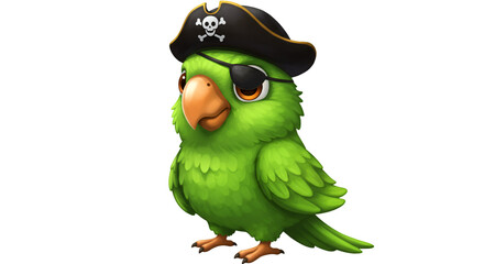 Avian Pirate: A vibrant green parrot, adorned with a pirate hat and eyepatch, perches ready for adventure, a playful, illustrative depiction of a swashbuckling avian.