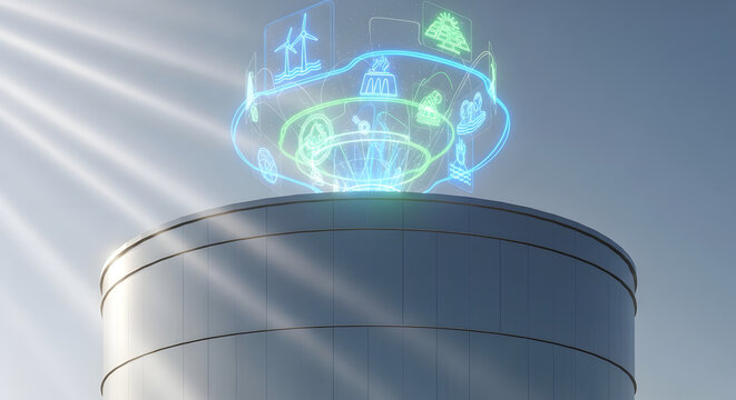 A modern silo with a holographic display showcasing biomass energy concepts. The scene emphasizes sustainable energy and innovative technology.