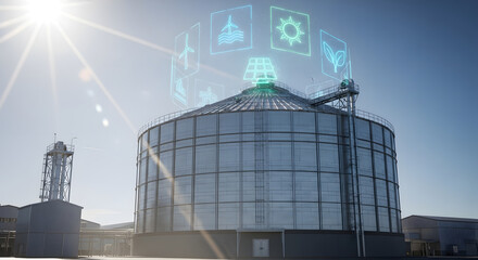 A large metallic silo for biomass storage under a clear blue sky. Digital icons representing technology and sustainability hover above the structure.