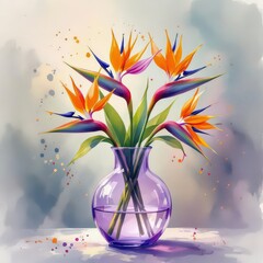 A beautiful arrangement of vibrant orange and purple bird-of-paradise flowers gracefully sits in a clear glass vase, depicted in a modern watercolor artwork 